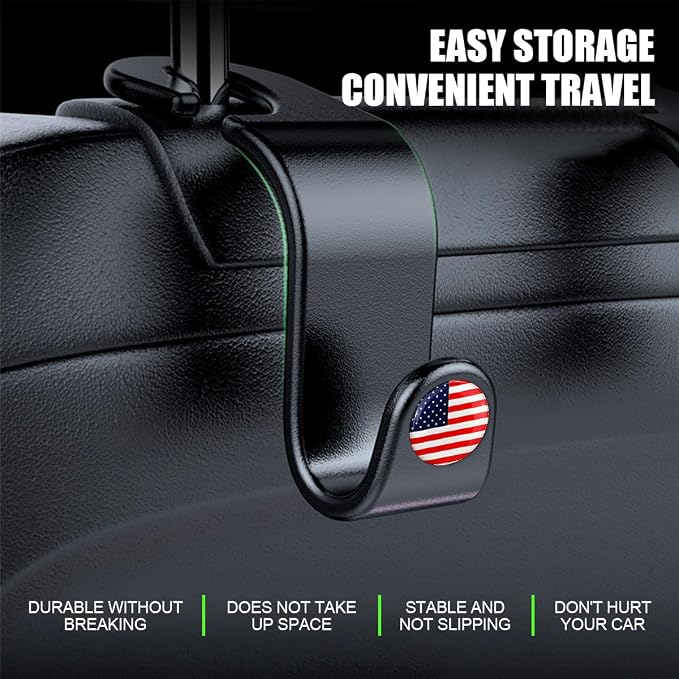 4PCS Car Seat Headrest Hooks, Auto Back Seat Hanger Holder, Durable Stylish Vehicle Organizer Universal Car Interior Accessories, Storage Hooks for Purses, Bags, Clothes, Hats (Black/Red Flag)
