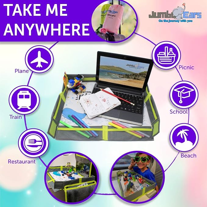 Gray Foldable Origami Kids Travel Tray Placemat Cover, Easy to Setup with Bonus Portable Multipurpose Side Pockets Organizer for Tablets and Phones Activities or Snacks for Toddler