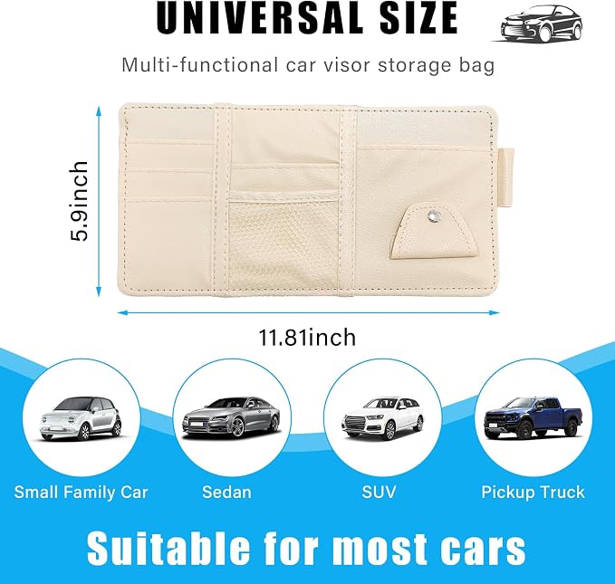 Augeny Car Sun Visor Organizer, Leather Personal Belonging Storage Pouch with Zipper, Car Visor Storage Pouch Sunglasses Holder, Auto Interior Accessories Pocket Organizers (Beige)