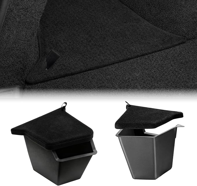 Rear Trunk Storage Bins with Lids for 2025-2026 Tesla Model Y Juniper, 2PCS Hidden Trunk Organizer Boxes, TPE Waterproof Rear Cargo Storage for Model Y Juniper Accessories (With Carpeted Lid)