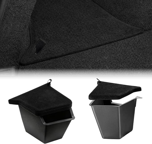 Rear Trunk Storage Bins with Lids for 2025-2026 Tesla Model Y Juniper, 2PCS Hidden Trunk Organizer Boxes, TPE Waterproof Rear Cargo Storage for Model Y Juniper Accessories (With Carpeted Lid)