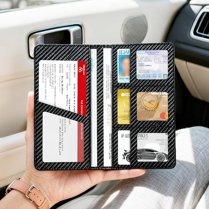 Car Registration and Insurance Holder, Premium Leather Insurance and Registration Holder,vehicle Glove Box Car Organizer, with Magnetic Shut for Cards, Driver License (Carbon Fiber Black-L)