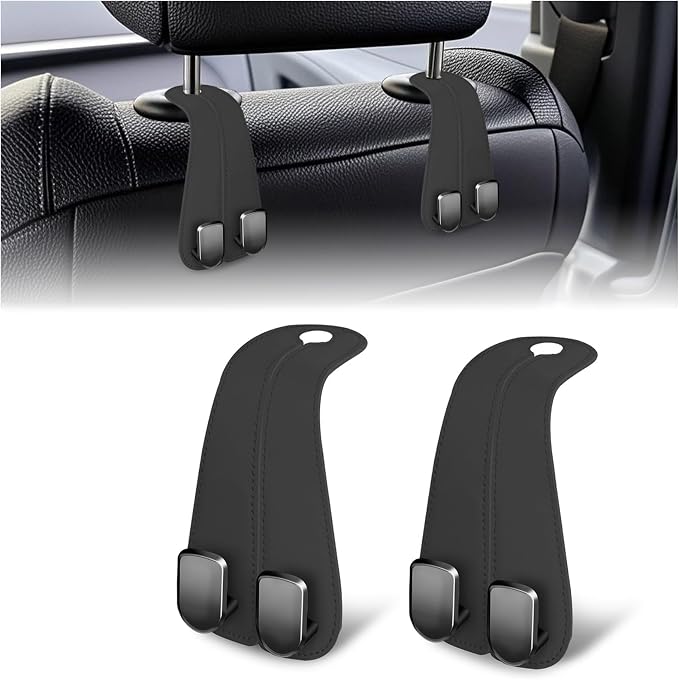 CHOSMOYI 2 Packs Car Seat Hooks, Leather Car Headrest Hook, Car Purse Hook Seat Back Hanger Storage Organizer, Car Hook for Purses and Bags(Black)