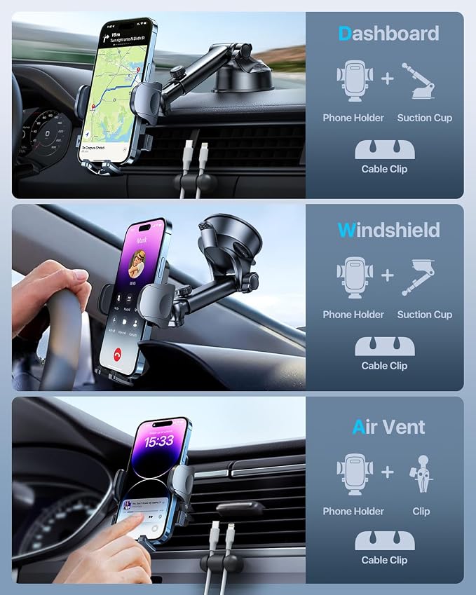 HTU Car Phone Holder【2026 Upgraded 100+LBS Suction & Safety Cert】 Cell Phone Car Mount for Truck Heavy Duty Phone Holder for Dashboard/Windshield/Vent for iPhone 17 16 Pro Max, Purple