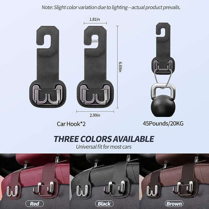 2 Packs Headrest Hooks for Car, Hidden Twinhook Leather & Metal Car Purse Holders, Universal for BMW X5 X3 X1 X7 Accessories, Seat Back Storage Organizer Hanger for Purse Bag Phones(Black)