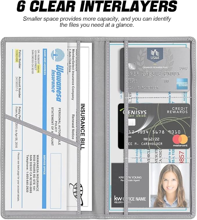 XINLIYA Car Registration and Insurance Card Holder, PU Glove Box Essential Documents Paperwork Driver License Organizer for Car, Wallet Case Auto Vehicle Truck Accessories for Women and Men (Gray)