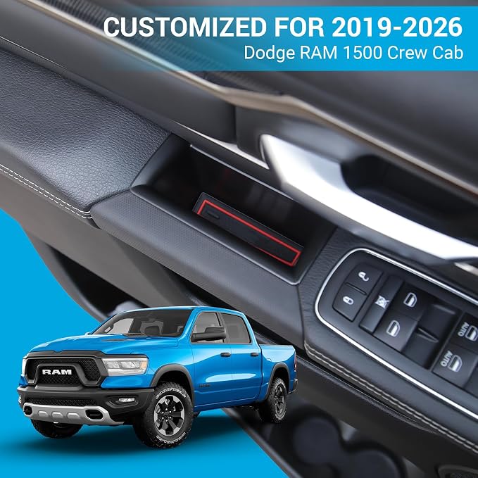Motrobe for Ram 1500 Door Side Storage Tray 2026 2025 2024 2023 2022 2021 2020 2019 Ram 1500 Door Side Organizer Door Pocket Insert with Red-Lines Mats 4 PCS, Not Fit Ram 2500 3500