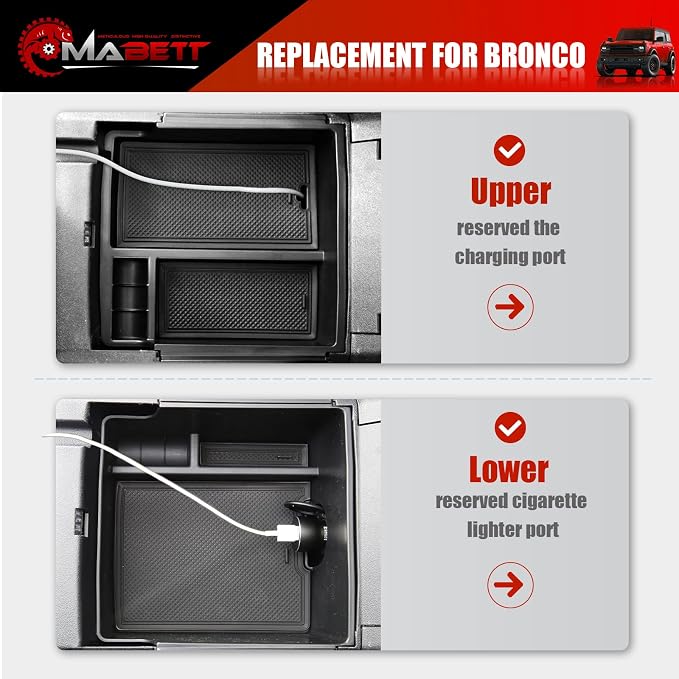 Mabett Console Organizer Tray for Bronco Accessories, Armrest Storage Box fit Bronco 2021-2024 2/4-Door (Not Fits 2025 2026) with Non-Slip Mat Black