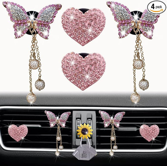 Pink Heart & Butterfly Pandent Air Vent Clips, 4 Pcs Bling Heart Car Air Fresheners Vents Clips Diamond Interior Decor Bling Cute Car Accessories Decoration for Women +Sunflower Mask Hook
