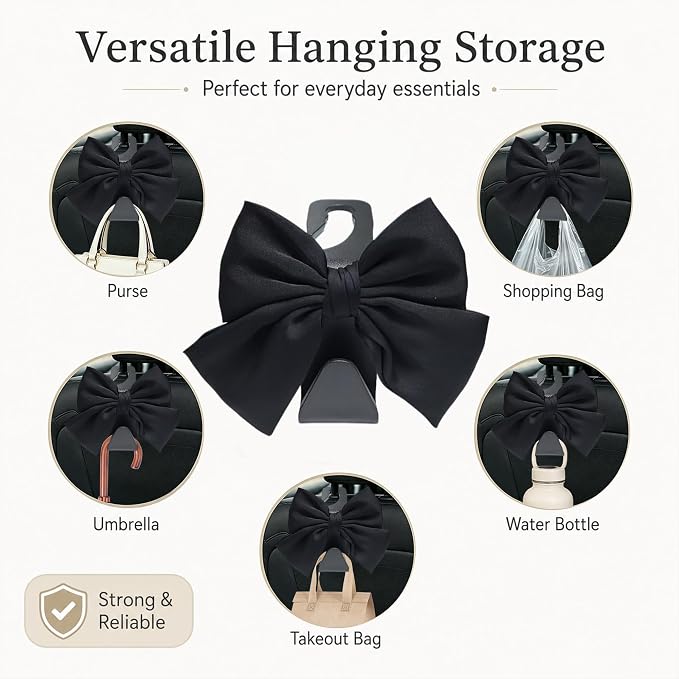 2 Pack Car Purse Hooks, Cute Bow Car Seat Headrest Hook Hanger for Purses and Bags, Space-Saving Car Accessory (Black silk)