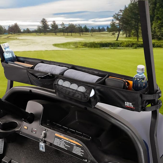 KEMIMOTO Upgraded Golf Cart Front Storage Basket No Drilling Golf Cart Storage Tray Compatible with EZGO Drive Club Car Kandi Electric Golf Carts, 1680D Golf Cart Caddy Organizer, Black