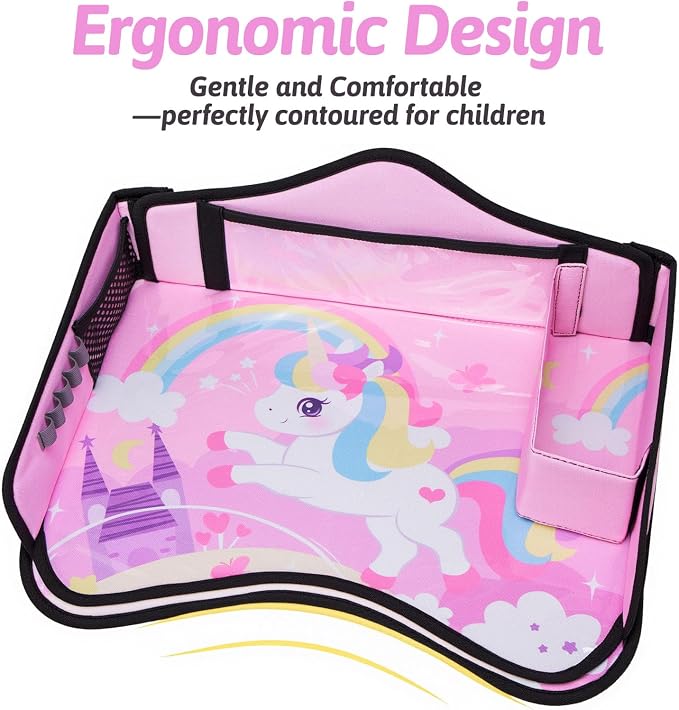 OUOZZZ Kids Travel Tray for Car, Girl's Safety Seat Table | Weight-Relief Strap, Non-Skid Silicone Base, Waterproof Dining/Craft Mat, Carseat/Airplane Lap Desk