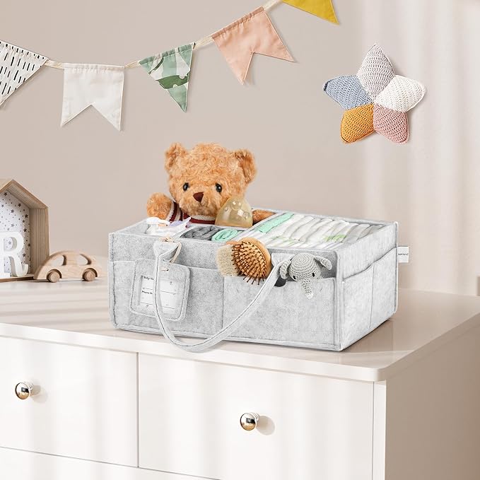 GEMII Diaper Caddy Organizer-Large Baby Caddy Organizer with Handle, Newborn Registry Essentials, Baby Shower Basket Gifts for Boys or Girls (Gray, Large)