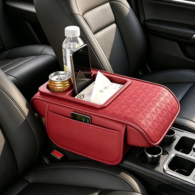 Car Center Console Cover, Auto Car Armrest Cushion 5-in-1 with Cup Holder, Tissue Box Slot, Phone Slot for Vehicle, Car Accessories Interior Storage Organizers (Red)