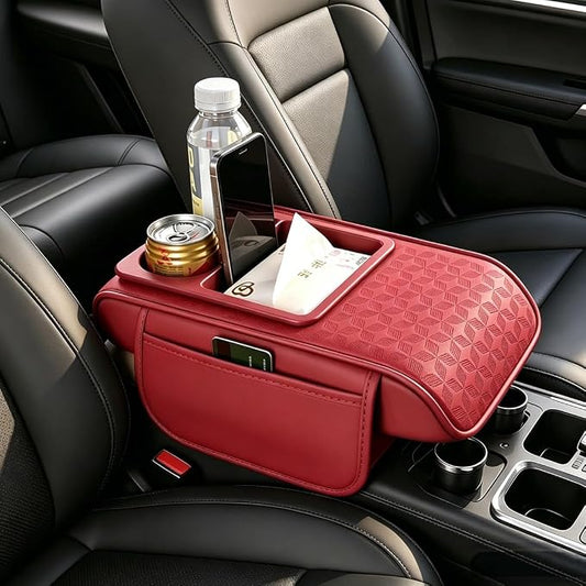 Car Center Console Cover, Auto Car Armrest Cushion 5-in-1 with Cup Holder, Tissue Box Slot, Phone Slot for Vehicle, Car Accessories Interior Storage Organizers (Red)