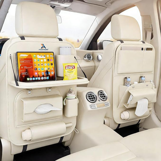 Universal Premium Leather Foldable Car Backseat Organizer with Table Tray, Car Seat Back Protector with Garbage Bag Touch Screen Pad Holder, Car Kick Mats Protector with Tissue Holder (Beige)