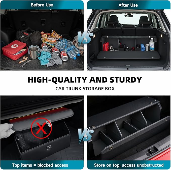 SUV Trunk Storage Organizer, Waterproof Leather Trunk Organizers and Storage with Lid & Push-Pull Handle, Sturdy SUV Cargo Organizer for Groceries (37 inch)