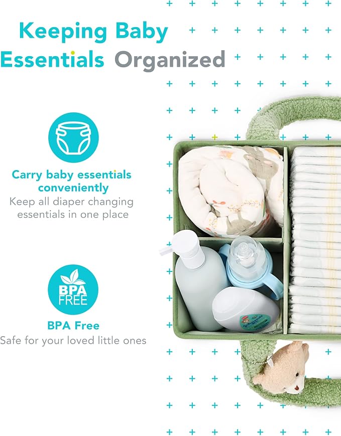 YOSING Diaper Caddy Organizer with 13 Pockets & Removable Dividers - Portable Baby Storage Basket for Nursery, Car Travel & Newborn Essentials, Green+ White