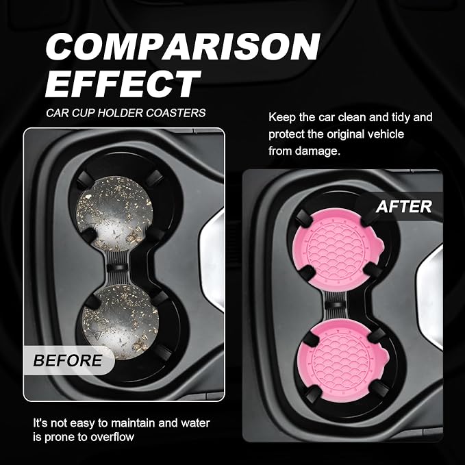 4-Pack Universal Cup Holder Coasters, Black Silicone Inserts - Keep Your Car Clean with Non-Slip & Spill-Proof Coasters for All Vehicles (Pink)
