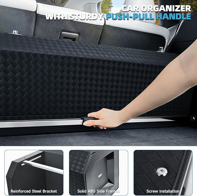 Car Trunk Storage Organizer with Light, Waterproof Trunk Organizer with Lid & Sturdy Handle, Leather SUV Cargo Storage Box Powered by 4 AA Batteries (Batteries Not Included) (37 inch)