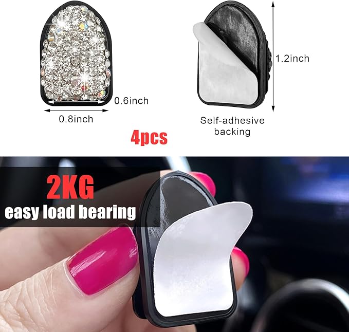 Yourkar 4PCS Bling Car Mini Hooks, Multifunctional Adhesive Small Auto Storage Hook for Key Cable Mask, Crystal Rhinestone Dashboard Hanging Hook, Interior Decor Car Accessories (White)