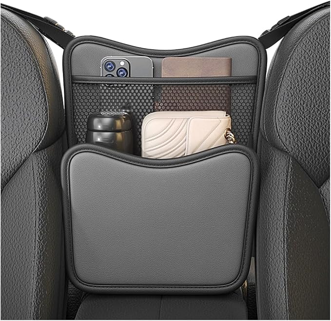 Car Organizer Storage Between Seats, Leather Car Console Hanging Storage Organizer with Mesh Pocket Tissue Box, Multi-Functional Large Capacity Headrest Holder Bag for Purse Snack (Gray)