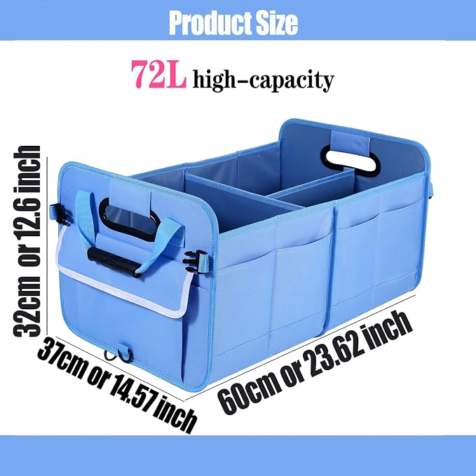 Car Suv Trunk Organizer,Sturdy Storage Organizer for Car Accessories,Tools,Sundries.Upgraded 4 Carrying Handles,72L,Foldable,Waterproof,Multi Compartment,2 Straps for Fixation(Blue)