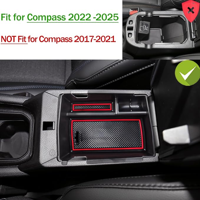 Center Console Organizer Tray Compatible with Jeep Compass 2022 2023 2024 2025 Accessories Insert Armrest Glove Box Secondary Storage Divider ABS Materials，Red