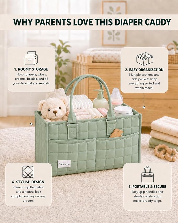 Baby Diaper Caddy Organizer, Portable Nursery Storage Basket with Handle for Newborn Boy or Girl, Gift for Baby Shower Essentials, Registry Must Have Bag, Caddie Car Organizer, Green