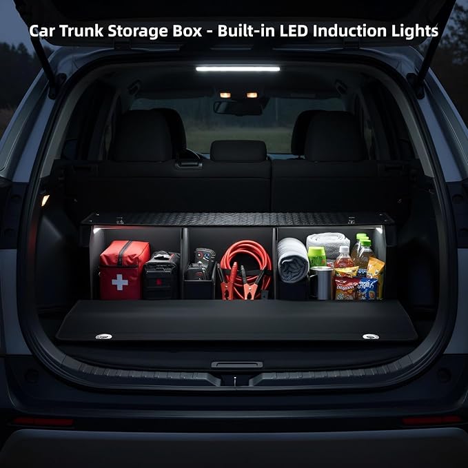 Car Trunk Storage Organizer with Light, Waterproof Trunk Organizer with Lid & Sturdy Handle, Leather SUV Cargo Storage Box Powered by 4 AA Batteries (Batteries Not Included) (37 inch)