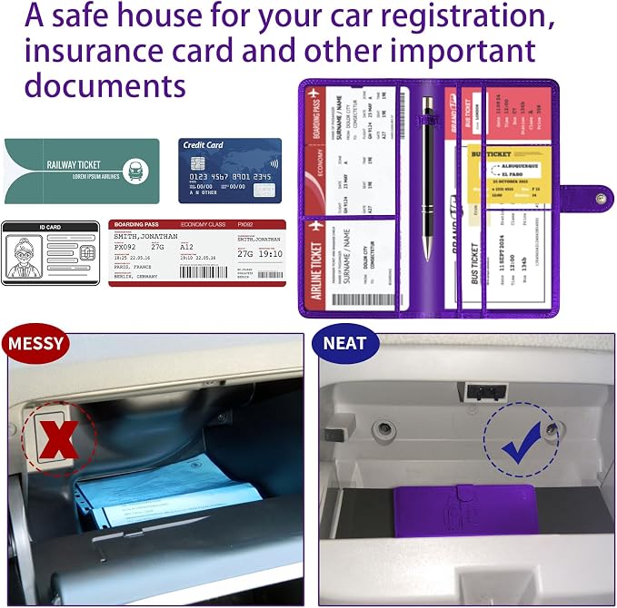 Car Registration and Insurance Card Holder with Magnetic Closure, Leather Vehicle Glove Box Automobile Documents Paperwork Wallet Case Organizer for ID, Driver's License, Key Contact Information Cards