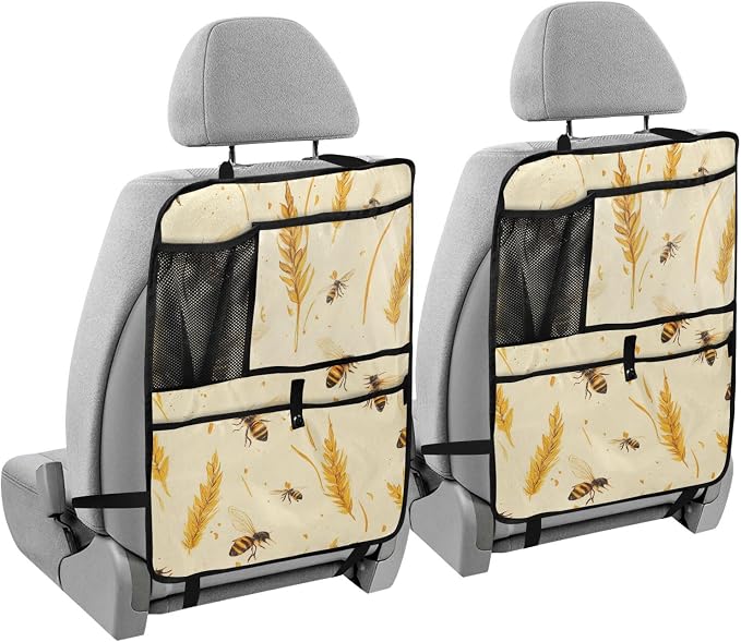 Fall Wheat Yellow Bees 2 Pack Backseat Car Organizer with Storage Pockets Seat Back Organizers for Kids Kick Mats Backseat Protector Automotive