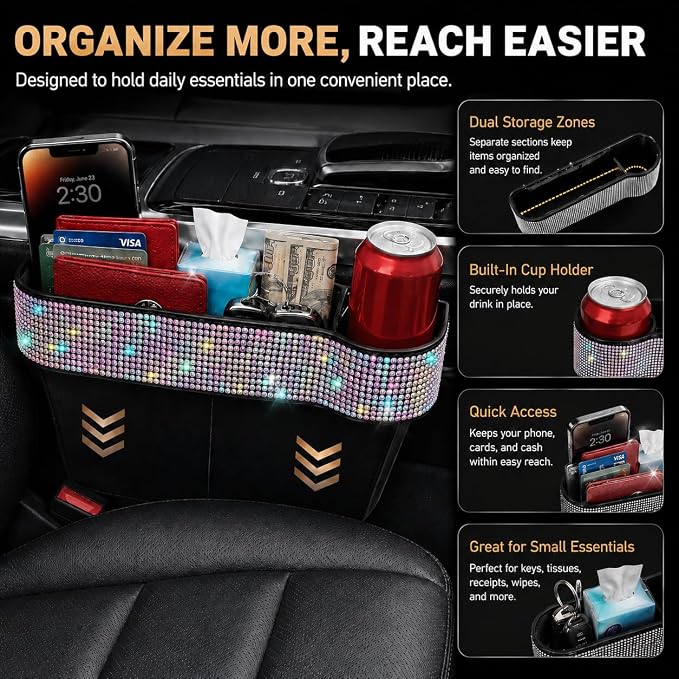 Bling Bling Car Seat Organizer Front Seat Gap Filler with Crystal Rhinestones Diamond, PU Leather Car Seat Console Storage Organizer for Car Accessories (Colorful)