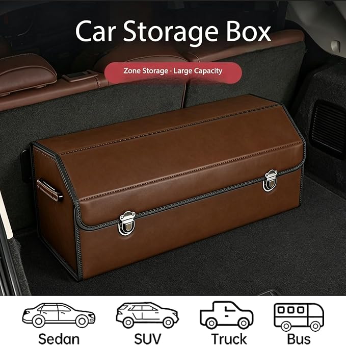 Leather Storage Box Car Trunk Organizer for Trunk SUV Sedan, Leather Foldable Storage Box with Lid (Brown 14.9" L*12.2" W*11.8" H)