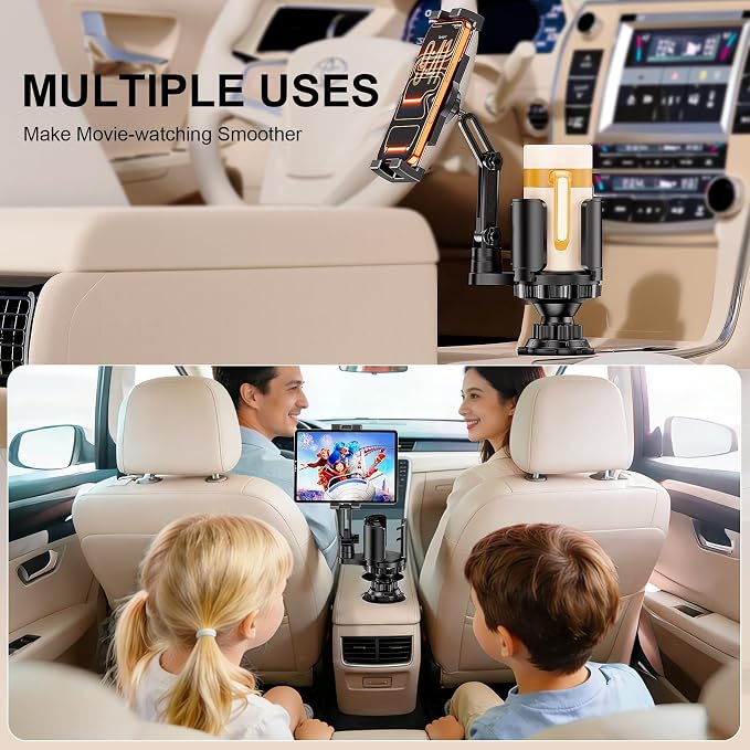 Tablet Holder for Car, 3 in 1 Cup Holder ipad Car Mount with Expander, Adjustable Base and Long Arm with 360°Rotation Phone ipad Holder Compatible for 4-12.9‘’ Tablet, All Smartphones and Most Bottles
