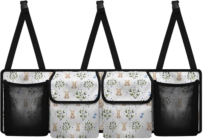 Cute Rabbit Print Car Trunk Organizer with 4 Pockets Foldable Car Backseat Storage Bag Detachable Car Storage Accessories for SUV Sedans Hatchback Crossover Minivan