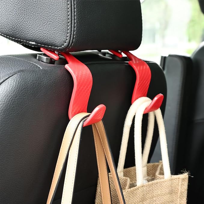 4PCS Car Seat Headrest Hooks, Auto Back Seat Hanger Holder, Durable Stylish Vehicle Organizer Universal Car Interior Accessories, Storage Hooks for Purses, Bags, Clothes (Carbon Fiber/Red)