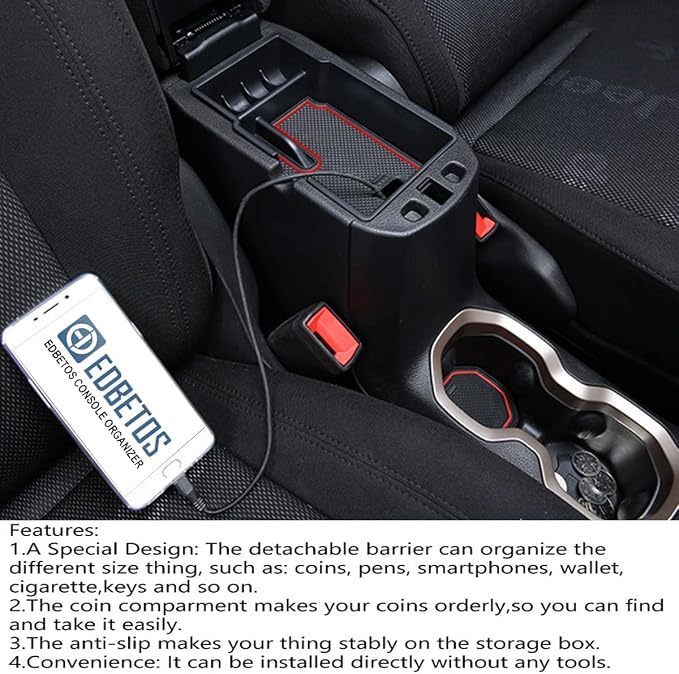 EDBETOS Center Console Organizer Tray Compatible with Jeep Renegade Accessories 2015-2019 2020 2021 2022 2023 Armrest Glove Box Secondary Storage (Red Line)
