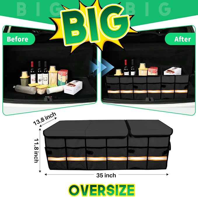 Trunk Organizer Cargo Organizer Trunk Storage Waterproof Collapsible Durable Multi Compartments-((Oversize,Black)