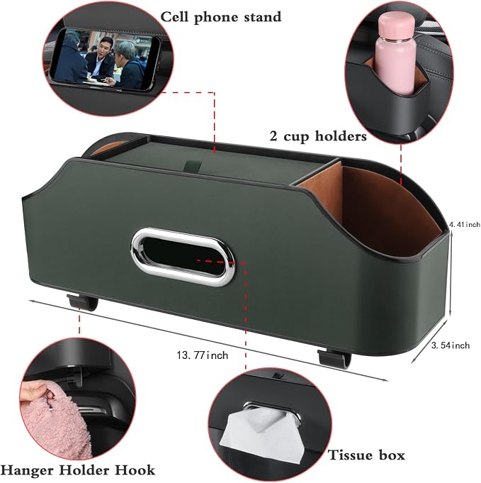 HOLDCY Car Back Seat Organizer with 2 Drink Cup Holder - Tissue Box and Storage Box Hook - Multi-functional Storage - Great for Kids and Travel (Green)