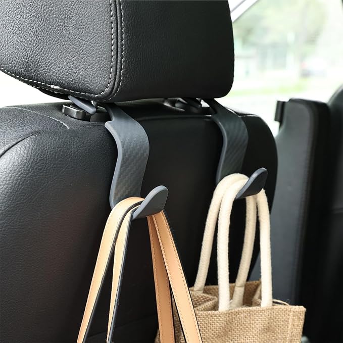 4PCS Car Seat Headrest Hooks, Auto Back Seat Hanger Holder, Durable Stylish Vehicle Organizer Universal Car Interior Accessories, Storage Hooks for Purses, Bags, Clothes (Carbon Fiber/Grey)