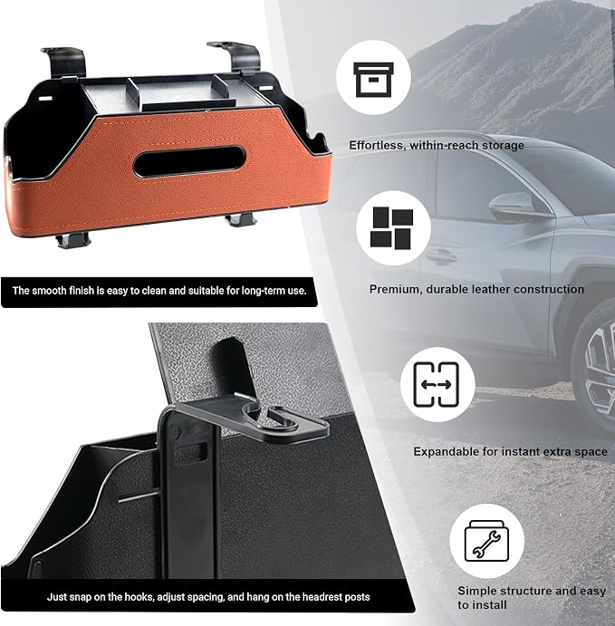 Sporacingrts 2 Pack Brown Car Seat Back Organizer with Cup Holders, Tissue Box, Hooks, Phone Slot, PU Leather Storage Box for Backseat, Universal Fit for Cars SUVs Trucks
