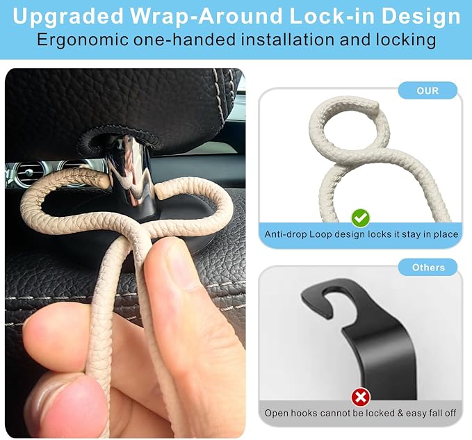 Car Seat Back Organizer Hooks 2 Pack - Space Saving Car Headrest Hangers with Anti-Drop Loop for Women Men, Universal Car Bag Holder for SUV Truck for Front and Back Seat Storage - Beige Leather/2S