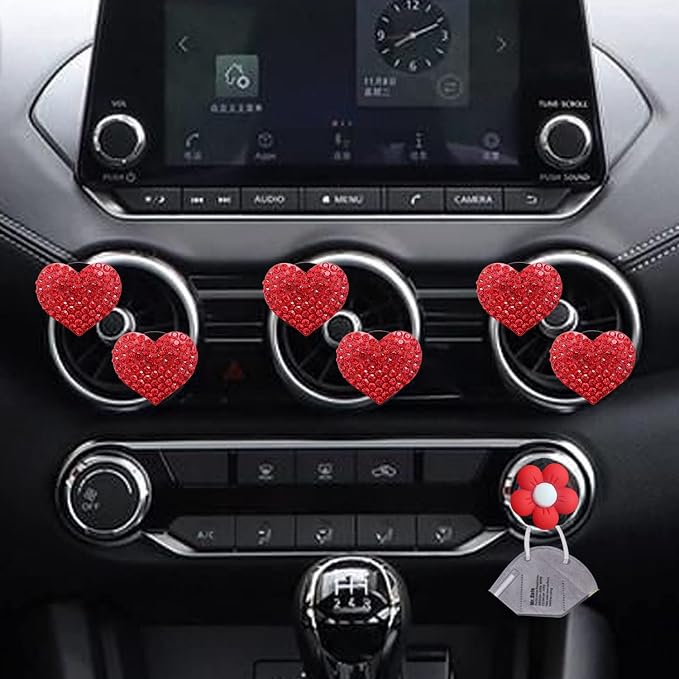 Bling Heart Air Vent Clips, 6 Pcs Red Heart Car Air Fresheners, Diamond Car Interior Decor Charm + Cute Sunflower Mask Hook