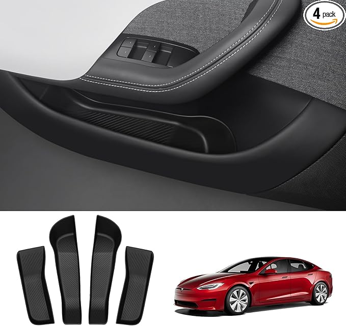BASENOR 2021-2026 Tesla Model S Door Side Storage Box, Door Organizer Tray (Proprietary Design) Front Rear Slot Pockets, Protector Liner for Model S/S Plaid Accessories Set of 4