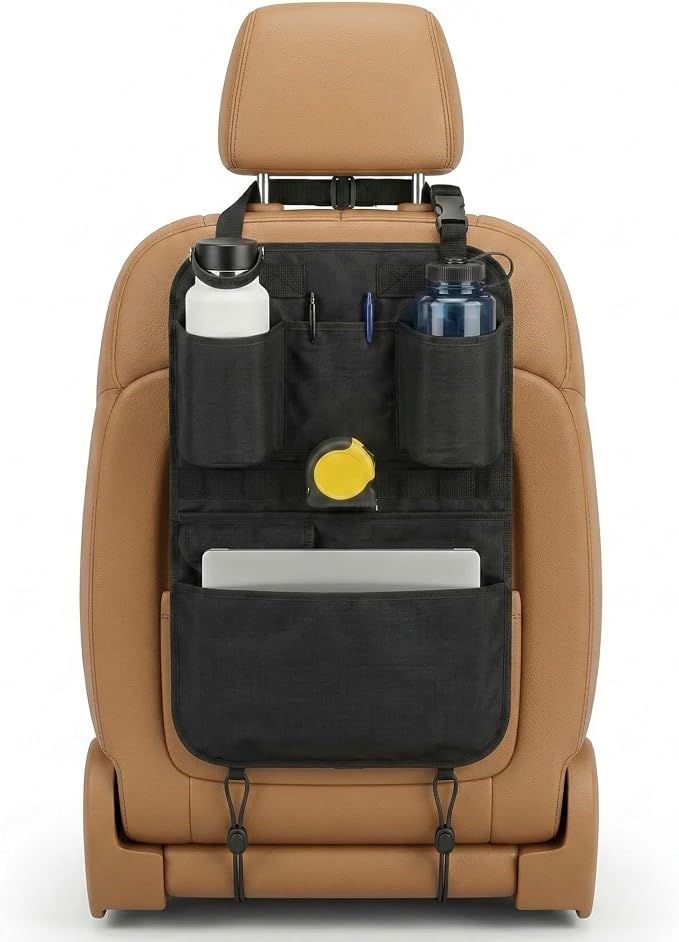 Swigzy Premium Seat Back Organizer Water Bottle Holder & Kick Mat Protector | Large Water Bottle Holders, Cordura Nylon, Laptop Pocket, Sag-Free Adjustable Fit