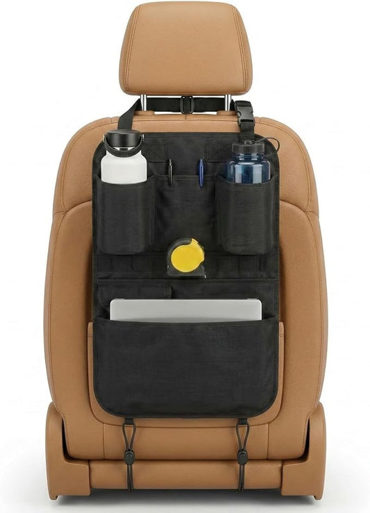 Swigzy Premium Seat Back Organizer Water Bottle Holder & Kick Mat Protector | Large Water Bottle Holders, Cordura Nylon, Laptop Pocket, Sag-Free Adjustable Fit