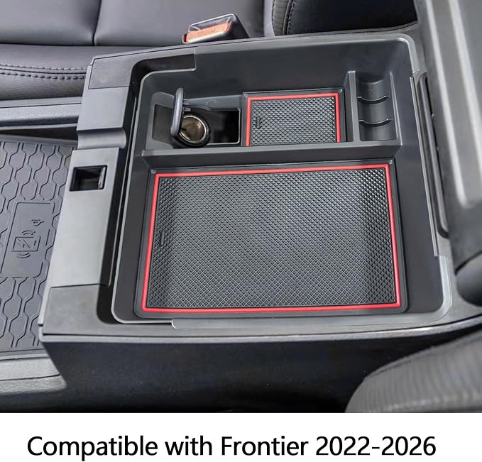 EDBETOS Center Console Organizer Tray Compatible with Nissan Frontier 2022 2023 2024 2025 2026 Pickup Truck Accessories Interior Armrest Storage Box Insert Tray, USB Cable Hole, ABS Material, Red
