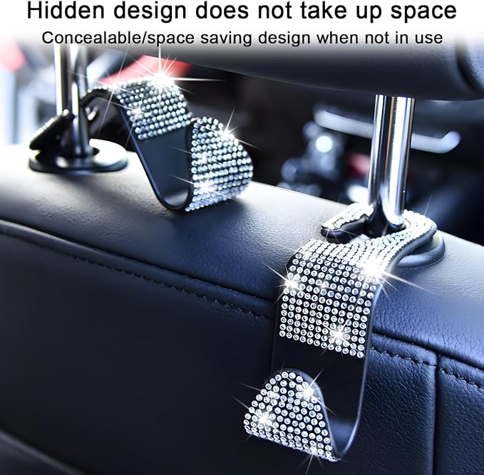 Mandark 4PCS Bling Car Seat Headrest Hooks, Crystal Rhinestone Vehicle Seat Back Hanger for Grocery Purses Handbags, Diamond Auto Seatback Storage Organizer Hanger, Universal for Most Cars (Pink)