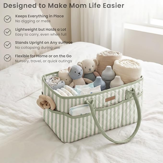 Konssy Quilted Diaper Caddy Organizer, Diaper Caddy Basket with PU Leather Handles, Water-Repellent Nursery Storage Basket, Portable Car Organizer, Registry Search Must Haves (Green Stripe)